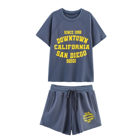 Top Con Maniche Raglan E Pantaloncini Con Coulisse Stampa Lettere Retro Da Donna Misto Cotone Streetwear Casual Blu Polvere