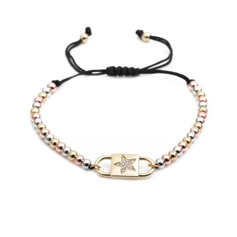 Pulsera De Amuleto Estrella Cobre Cuentas De Tres Colores Circón Ajustable Cuerda Negra Trenzada Joyería