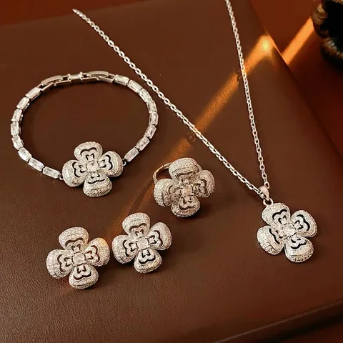 Hollow Floral Clover Necklace Bracelet Ring Earrings With Silver Earring Post Copper Zircon Women Elegant Jewelry
