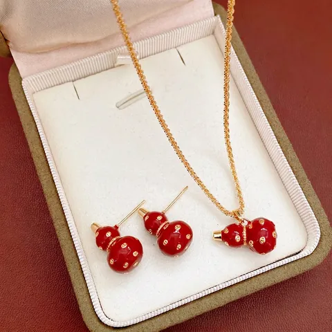 Vintage Chinese Stijl Rode Pompoen Ketting En Oorbellen Met Koper 18K Verguld Emaille Zilveren Oorsteker