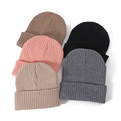 Gorro Beanie De Punto Acanalado De Acrílico Cálido De Invierno Unisex Casual Al Aire Libre Térmico Color Sólido