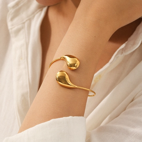 Stainless Steel Cuff Bracelet 18K Gold Plated Teardrop Waterdrop Minimalist Open Adjustable Modern Elegant Jewelry Women