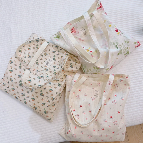 Baumwolle Canvas Blumenmuster Tote Bag Spitze Textur Große Kapazität Frische Literarische Schulterhandtasche Für Damen