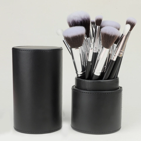 Professionelle Make-up-Pinsel Holzgriff Synthetikfaser Silberzwinge Tragbares Leder-Aufbewahrungsetui
