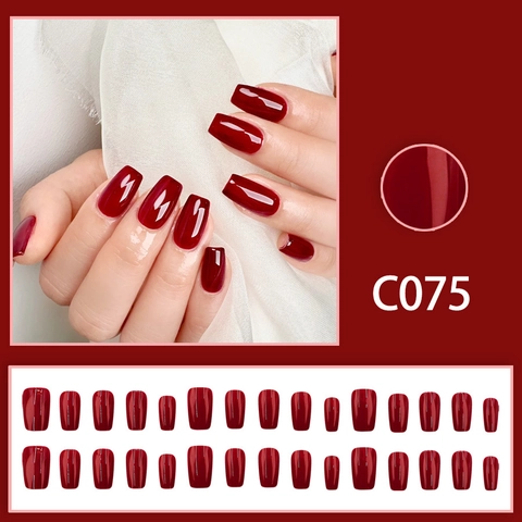 Uñas Postizas Press On Largas Coffin Rojo Vino Brillante Cobertura Completa Uñas Artificiales Elegantes Para Mujeres