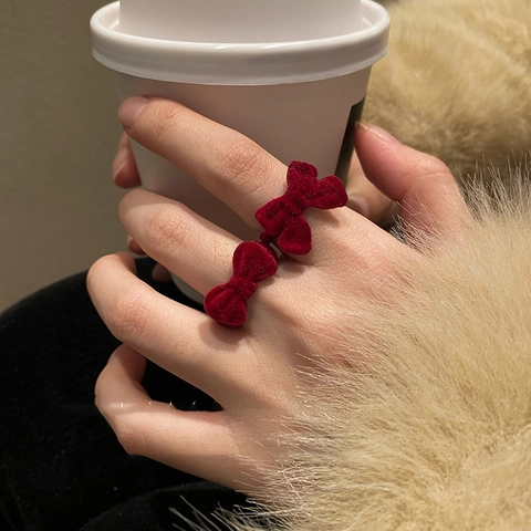 Bague Ouverte Noeud Flocking Rouge Vintage Elegante Velours Alliage Bijoux De Doigt Reglables Femme Style Automne Hiver
