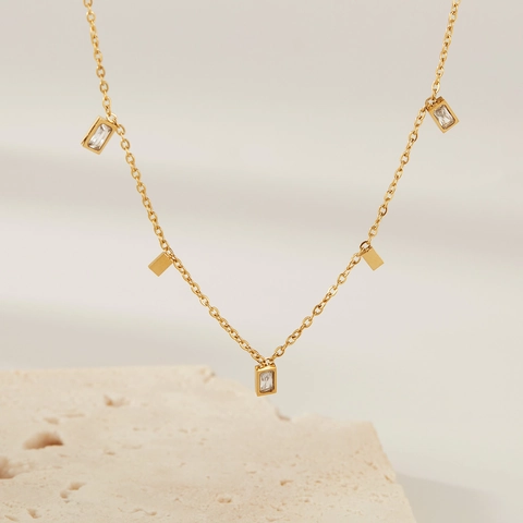Minimalist Stainless Steel Pendant Necklace For Women Fashion Gold Color Rhinestone Geometric Square Charms Neck Jewelry