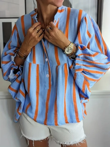 Women Striped Blouse Polyester Long Bubble Sleeve Loose Fit Button Down Casual Commute Office Shirt Elegant Top