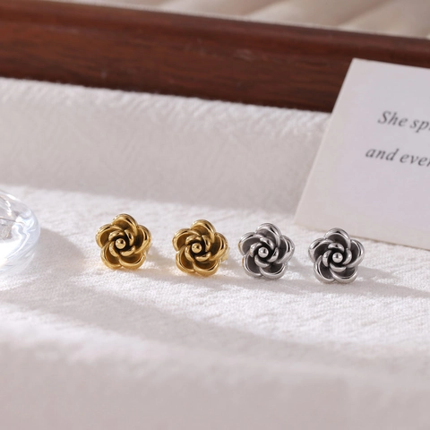 Rose Flower Stud Earrings Titanium Steel Vintage Geometric Minimalist Jewelry For Women Elegant Plated Accessories