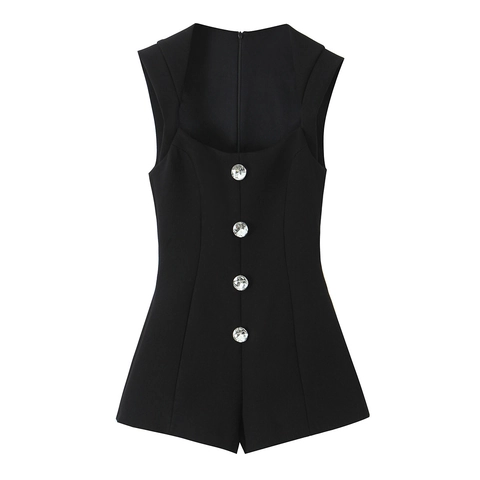 Women Black Denim Romper With Rhinestone Buttons Sleeveless Back Zipper Elegant Slim Fit Party Jumpsuit