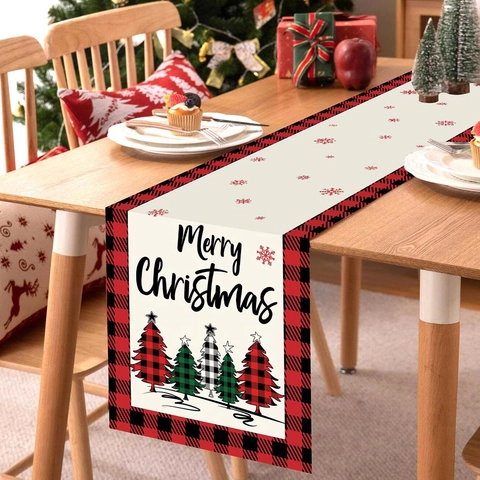 Kerst Tafelloper Polyester Ruitjes Rand Kerstboom Sneeuwvlok Print Feestelijke Eettafel Decoratie