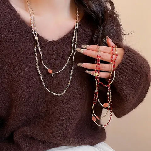 Long Collier De Perles Multicouche Cristal Pierre Rose Fleur Étoile Pendentif Chaîne Pull Bijoux Style Vintage Femmes