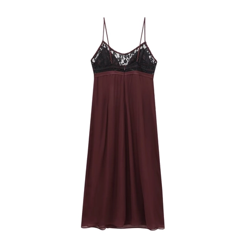 Abito Maxi Sexy Patchwork In Pizzo Rosso Scuro Chiffon Satin Spacco Laterale Schiena Scoperta Spalline Sottili Elegante Festa