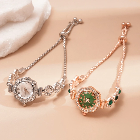 Orologio Al Quarzo Da Donna Gioielli Bracciale Lega Strass Cassa Fiore Quadrante Rotondo Regolabile Coulisse Moda Da Polso