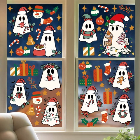 Christmas Wall Stickers PVC Waterproof Window Decals Cartoon Ghost Santa Snowman Holiday Decoration For Home Living Room