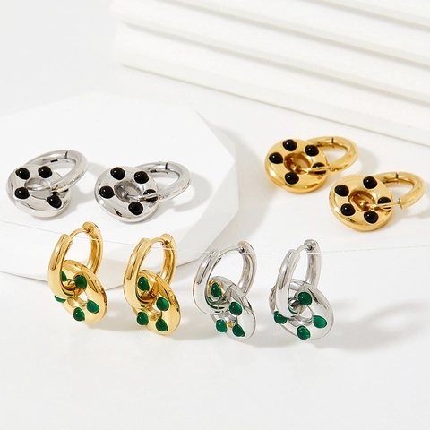 Stainless Steel Hoop Earrings With Donut Pendant Inlaid Colorful Glass Beads Retro Chunky Geometric Jewelry For Women
