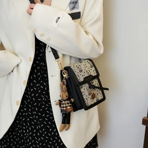 Piccola Borsa A Tracolla Per Cellulare Vintage Motivo Orso Tela Pelle PU Patta Con Ciondolo Bambola Coniglio Per Donne