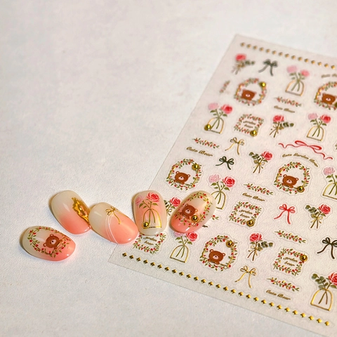 Stickers Nail Art Ours Mignon Bouquet De Fleurs Rose Vintage Dorure Autocollant Décoration De Manucure Pour Femmes