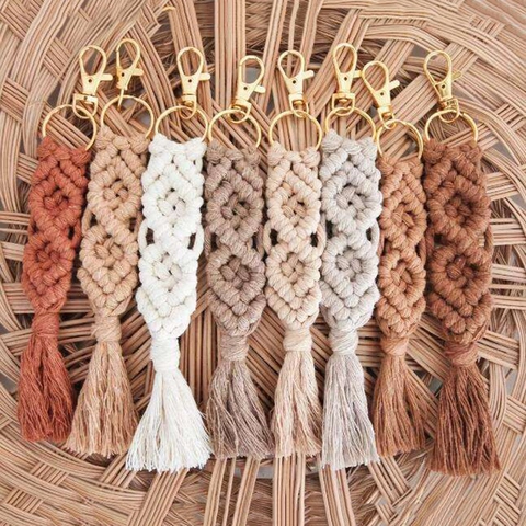Macrame Keychain Hand-woven Cotton Rope Tassel Bag Pendant Bohemian Style Charm With Gold Alloy Lobster Clasp For Women