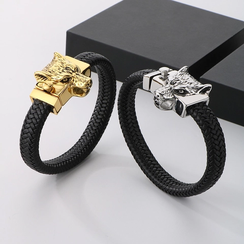 Men Wolf Head Braided Bracelet Stainless Steel And Cowhide Leather Vintage Punk Style Fashion Jewelry