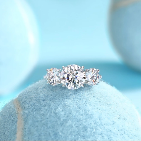 Moissanite Ring S925 Sterling Silver Round Brilliant Cut Three Stone Row Band For Women Engagement Wedding Fashion