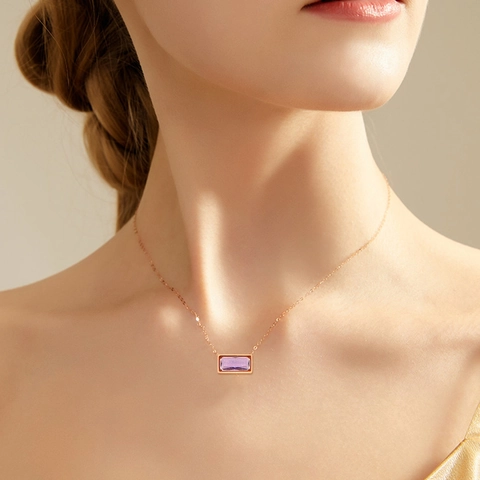 Collier Pendentif Acier Inoxydable Pierre Gemme Zircon Rectangulaire Doré Élégant Minimaliste Pour Femmes