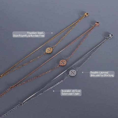 Women Double Layer Titanium Steel Bracelet 18K Gold Plated Round Hollow Charm Chinese Style Blessing Character Snake Chain