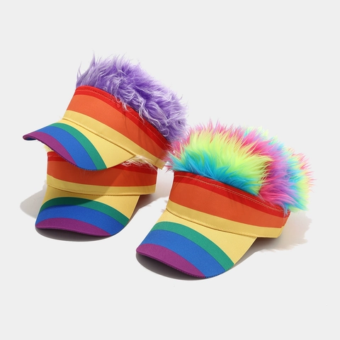 Divertida Visera De Rayas Arcoíris Con Pelo Sintético Colorido Para Disfraz De Fiesta Novedad Algodón Ajustable