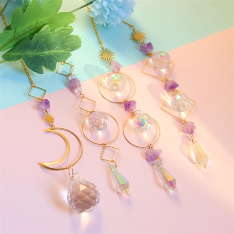 Crystal Suncatcher Hanging Ornament Amethyst Raw Stone Gold Metal Moon Sun Star Geometric Rainbow Maker Window Garden