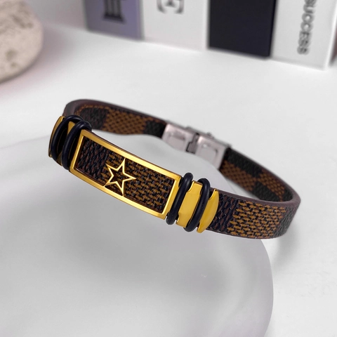 Bracciale Da Uomo In Pelle Acciaio Inossidabile Stella Motivo A Scacchi Punk Retrò Accessorio