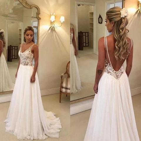 Trouwjurk Elegant Wit Kant Diepe V-Hals Chiffon A-Lijn Vloerlengte Rugloos Bruidsjurk Voor Dames