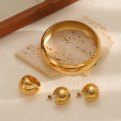 Klobiger Polierter Edelstahl Armband Ring Ohrringe Geometrischer Dome Stil Statement Schmuck Für Frauen Mode 18k Vergoldet