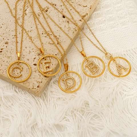 Collar Colgante Bañado En Oro De 18K Acero Inoxidable 304 Circón Letra Inicial A-Z Círculo Charm Joyas Finas Para Mujer