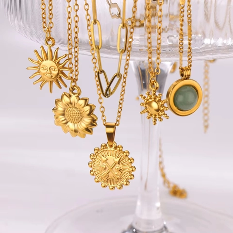 Collana Con Ciondolo In Acciaio Inossidabile Placcato Oro Vintage Sole Luna Stella Girasole Moneta Gioielli Celesti Per Donna
