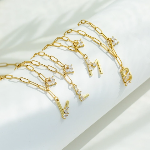 Paperclip Chain Necklace With Brass Cubic Zirconia Initial Letter And Heart Pendant For Women