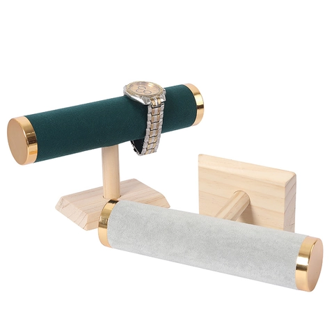 Jewelry Bracelet Watch Display Stand Solid Wood Velvet PU Leather T-Bar Organizer Holder With Golden Metal Caps