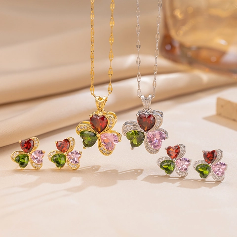 Mode Hart Klaver Ketting En Oorbellen Titanium Staal Multi Color Cubic Zirconia Elegante Sieraden Voor Vrouwen