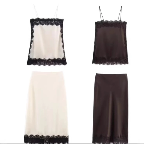 Elegant Women Satin Cami Top And Lace Trim Midi Skirt Solid Color Sexy INS Fashion Clothing