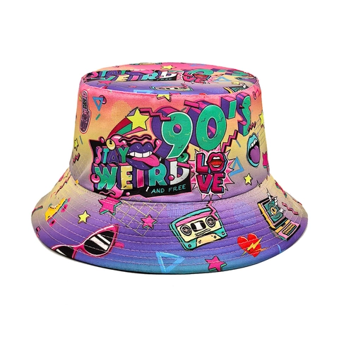 90s Retro Graffiti Print Vissershoed Polyester Omkeerbaar Zonbescherming Streetwear Pop Art Vintage Voor Dames