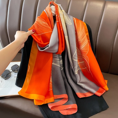 Fashionable Oversized Satin Shawl Scarf Contrast Color Floral Leaf Print Sun Protection Beach Wrap For Women