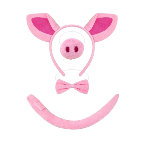Costume Maiale Rosa Orecchie Peluche Cerchietto Naso Coda Papillon Gonna Tutu Guanti Halloween Cosplay Festa