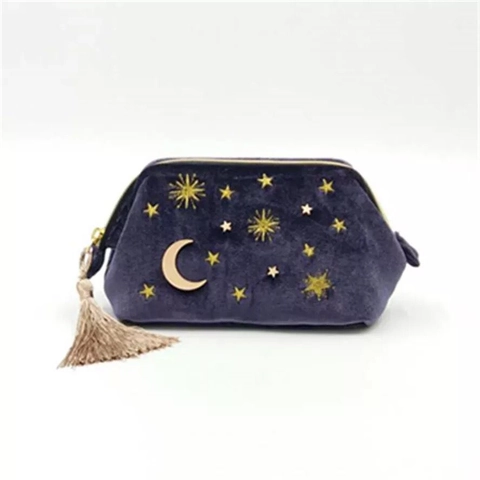 Samt Kosmetiktasche Stern Mond Stickerei Kulturbeutel Mit Quaste Große Kapazität Reise Toilettenorganizer Vintage Damen