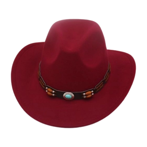 Western Cowboy Hoed Vintage Vilt Brede Rand Etnische Stijl Houten Kralen En Turquoise Decoratie Fedora Hoed Unisex