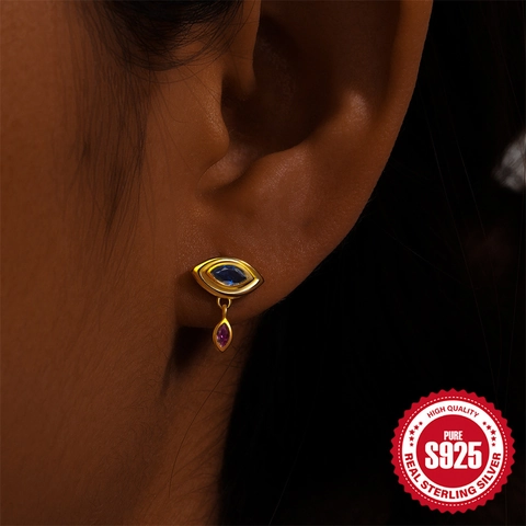 925 Argento Sterling Malocchio Orecchini a Bottone Zirconia Marquise Blu Rosa Pietra Ciondolo Orecchini Donna Gioielli
