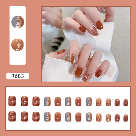 Press On Nails Short Square Round Caramel Amber Grey Blue Gradient Gold Foil Glitter Fashion Fake Nails For Women