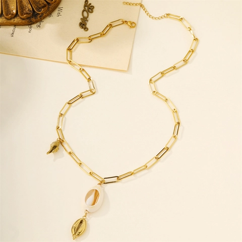 Collana a Doppio Strato in Acciaio Inossidabile per Donna Placcata in Oro Con Ciondolo a Conchiglia Naturale Gioielli da Spiaggia