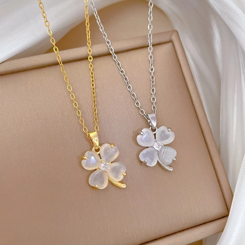 Four Leaf Clover Pendant Necklace Stainless Steel Chain Copper Zirconia Cat Eye Stone Luxury Elegant Clavicle Chain For Women