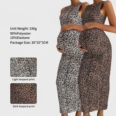Ärmelloses Umstandskleid Maxikleid Leopardenmuster Rundhalsausschnitt Figurbetontes Sexy Schwangerschaftskleid
