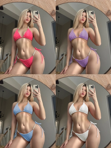 Top E Slip Bikini Donna Trama A Nido D Ape Halter Triangolo Laccetti Con Spalline Di Künstliche Perle Costume Da Bagno Sexy