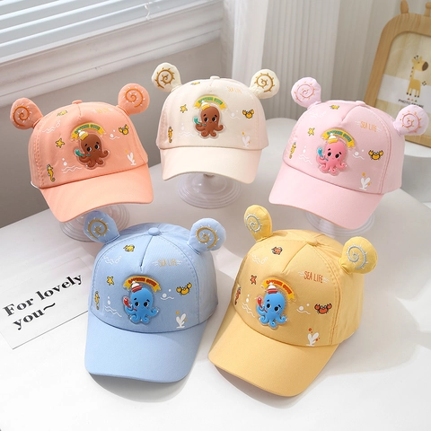 Cappellino Da Baseball Per Bambini Con Orecchie Carine Ricamo Polpo Vita Marina Misto Cotone Cappello Da Sole Regolabile